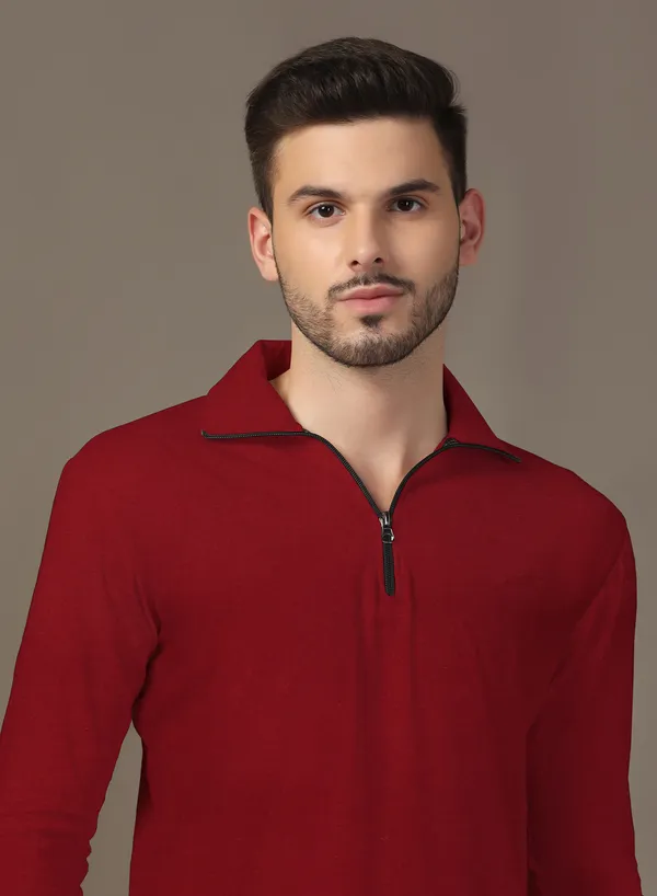 Maroon_Full_Sleeve_Cotton_Blend_Polo_Neck__T-Shirt_For_Men