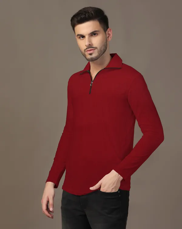 Maroon_Full_Sleeve_Cotton_Blend_Polo_Neck__T-Shirt_For_Men