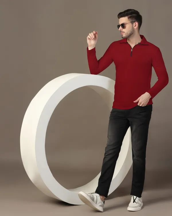Maroon_Full_Sleeve_Cotton_Blend_Polo_Neck__T-Shirt_For_Men