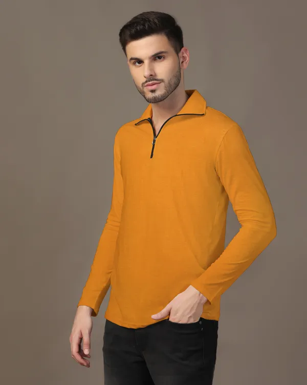 Mustard_Cotton_Blend_Polo_Neck_Full_Sleeve_T_Shirt_For_Men