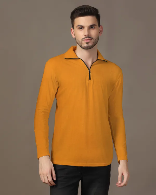 Mustard_Cotton_Blend_Polo_Neck_Full_Sleeve_T_Shirt_For_Men