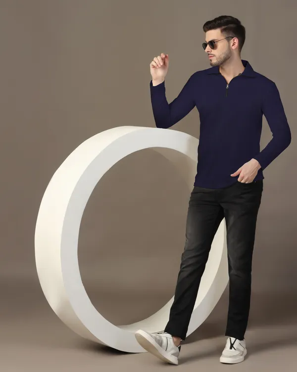 Dark_Blue_Cotton_Blend_Polo_Neck_Full_Sleeve_T_Shirt_For_Men