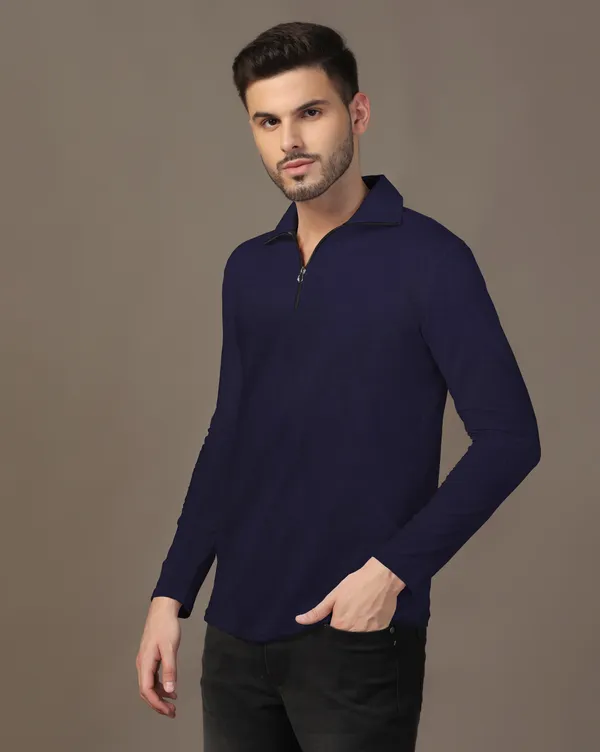 Dark_Blue_Cotton_Blend_Polo_Neck_Full_Sleeve_T_Shirt_For_Men