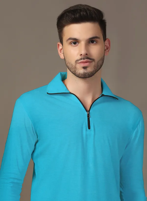 Turquoise_Cotton_Blend_Polo_Neck_Full_Sleeve_T_Shirt_For_Men
