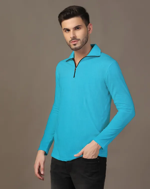 Turquoise_Cotton_Blend_Polo_Neck_Full_Sleeve_T_Shirt_For_Men