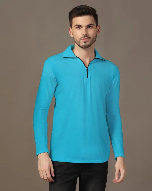 Turquoise_Cotton_Blend_Polo_Neck_Full_Sleeve_T_Shirt_For_Men