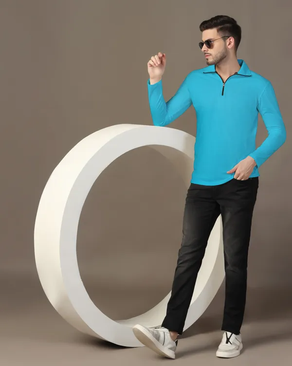 Turquoise_Cotton_Blend_Polo_Neck_Full_Sleeve_T_Shirt_For_Men