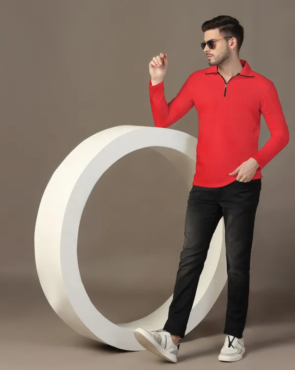Red_Cotton_Blend_Polo_Neck_Full_Sleeve_T_Shirt_For_Men