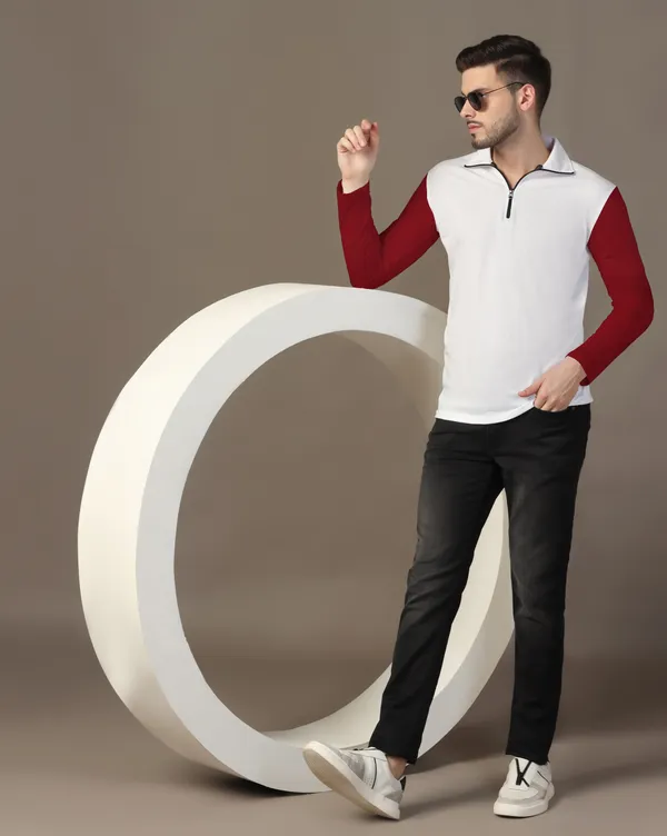 Maroon_Cotton_Blend_Polo_Neck_Full_Sleeve_T_Shirt_For_Men