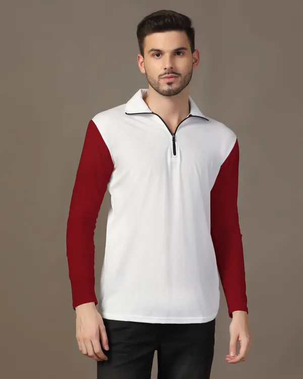 Maroon_Cotton_Blend_Polo_Neck_Full_Sleeve_T_Shirt_For_Men