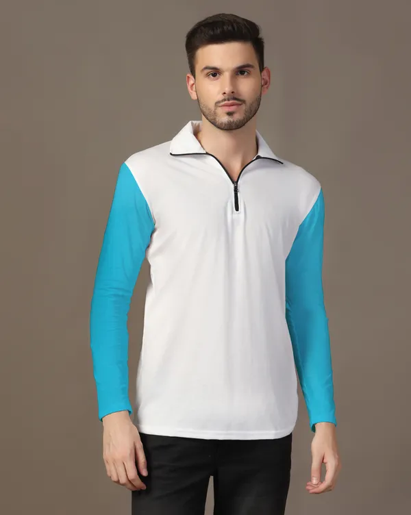 Turquoise_Cotton_Blend_Polo_Neck_Full_Sleeve_T_Shirt_For_Men