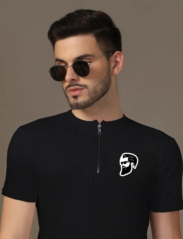 Black_Cotton_Blend_Mandarin_Collar_Half_Sleeve_T_Shirt_For_Men