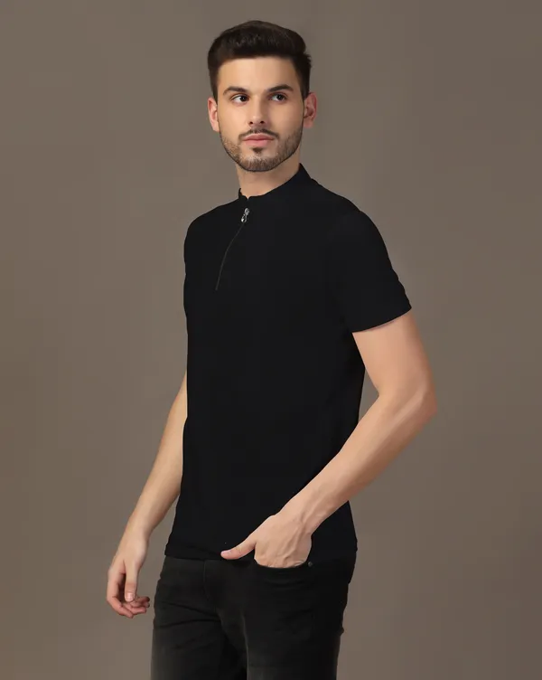 Black_Cotton_Blend_Mandarin_Collar_Half_Sleeve_T_Shirt_For_Men