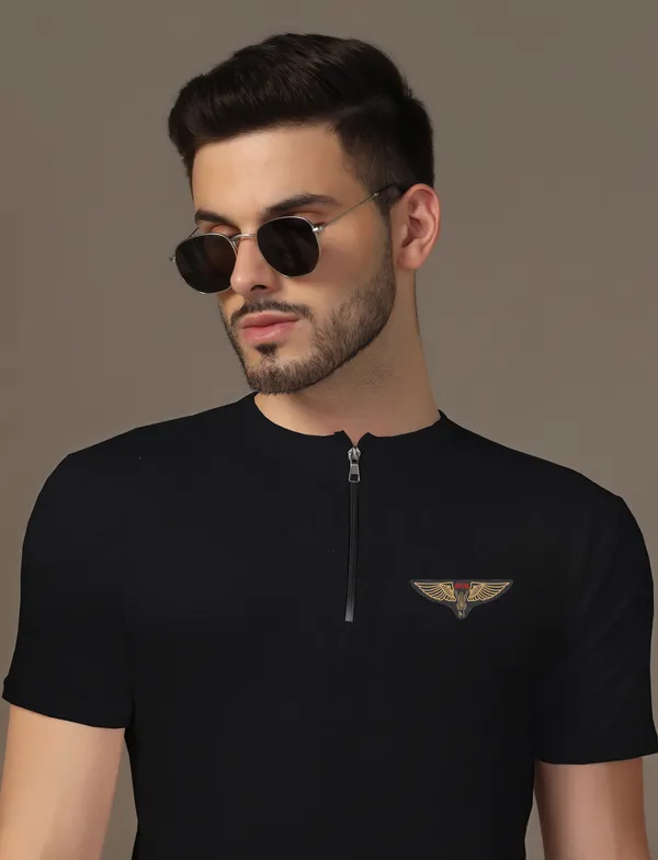 Black_Cotton_Blend_Mandarin_Collar_Half_Sleeve_T_Shirt_For_Men