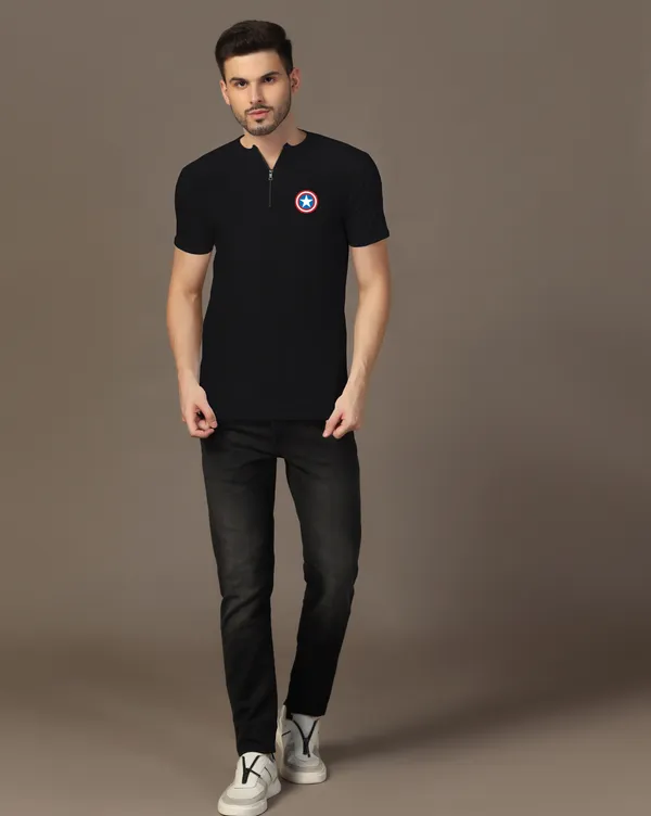 Black_Cotton_Blend_Mandarin_Collar_Half_Sleeve_T_Shirt_For_Men