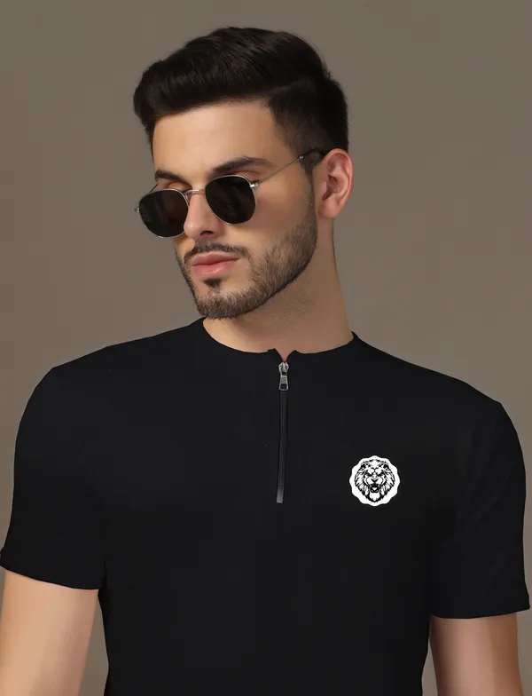 Black_Cotton_Blend_Mandarin_Collar_Half_Sleeve_T_Shirt_For_Men