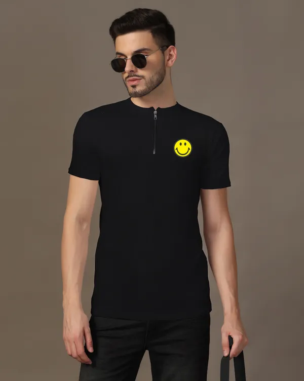 Black_Cotton_Blend_Mandarin_Collar_Half_Sleeve_T_Shirt_For_Men