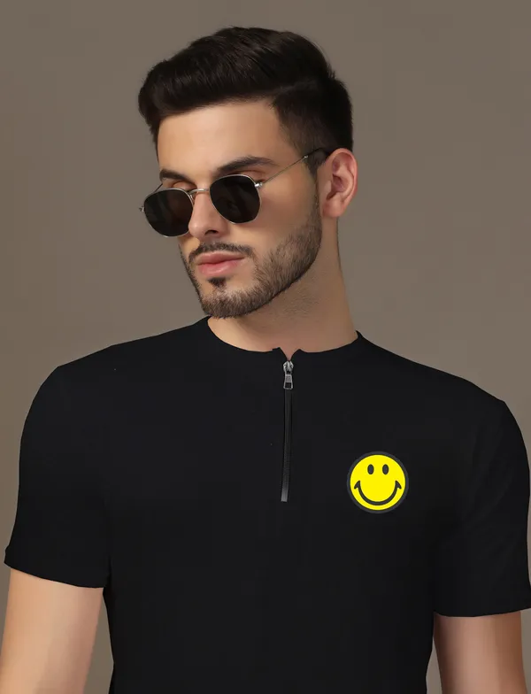 Black_Cotton_Blend_Mandarin_Collar_Half_Sleeve_T_Shirt_For_Men