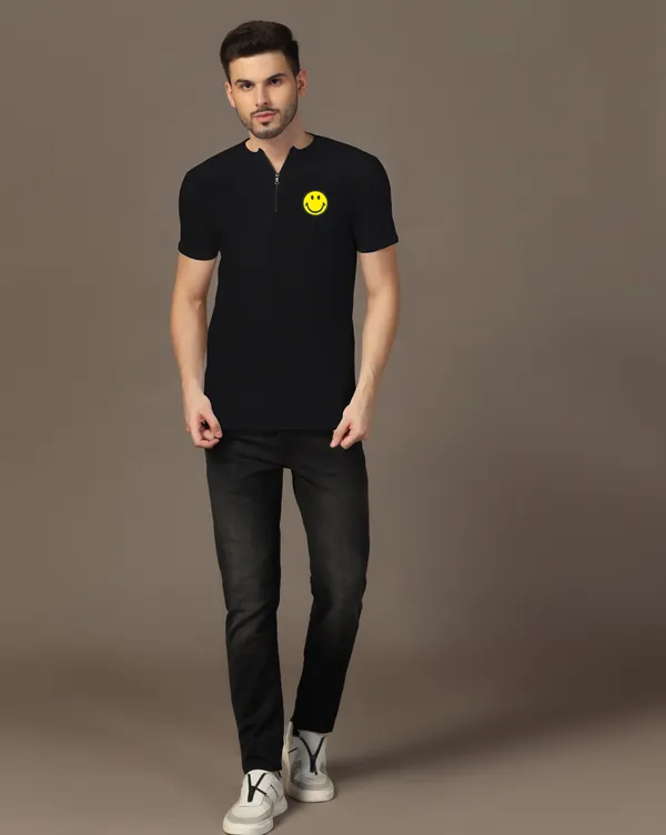 Black_Cotton_Blend_Mandarin_Collar_Half_Sleeve_T_Shirt_For_Men