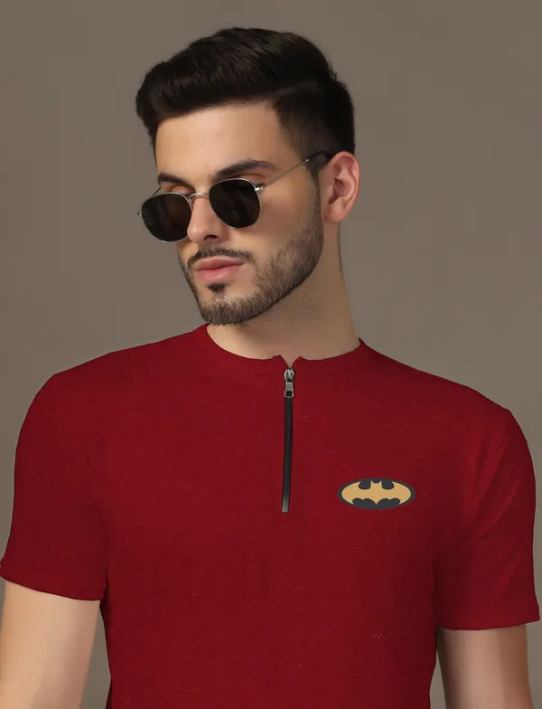 Maroon_Cotton_Blend_Mandarin_Collar_Half_Sleeve_T_Shirt_For_Men