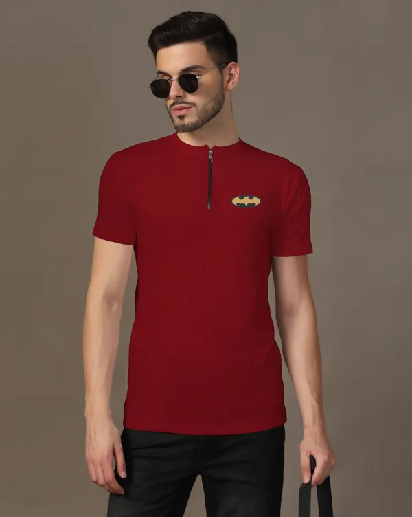 Maroon_Cotton_Blend_Mandarin_Collar_Half_Sleeve_T_Shirt_For_Men