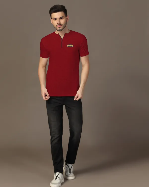 Maroon_Cotton_Blend_Mandarin_Collar_Half_Sleeve_T_Shirt_For_Men