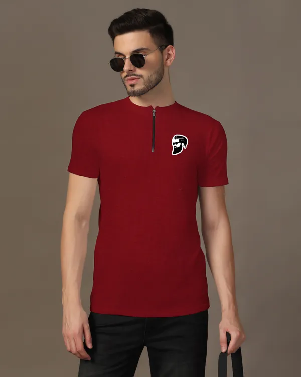 Maroon_Cotton_Blend_Mandarin_Collar_Half_Sleeve_T_Shirt_For_Men