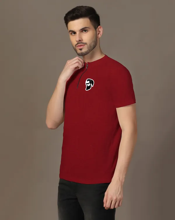 Maroon_Cotton_Blend_Mandarin_Collar_Half_Sleeve_T_Shirt_For_Men