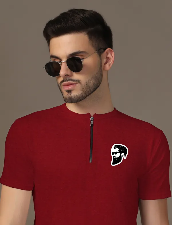 Maroon_Cotton_Blend_Mandarin_Collar_Half_Sleeve_T_Shirt_For_Men