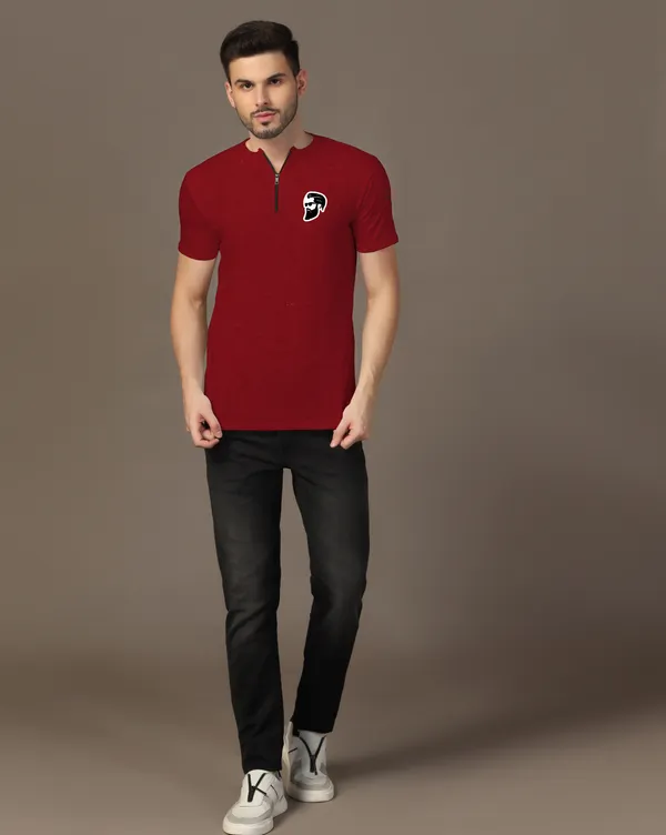 Maroon_Cotton_Blend_Mandarin_Collar_Half_Sleeve_T_Shirt_For_Men