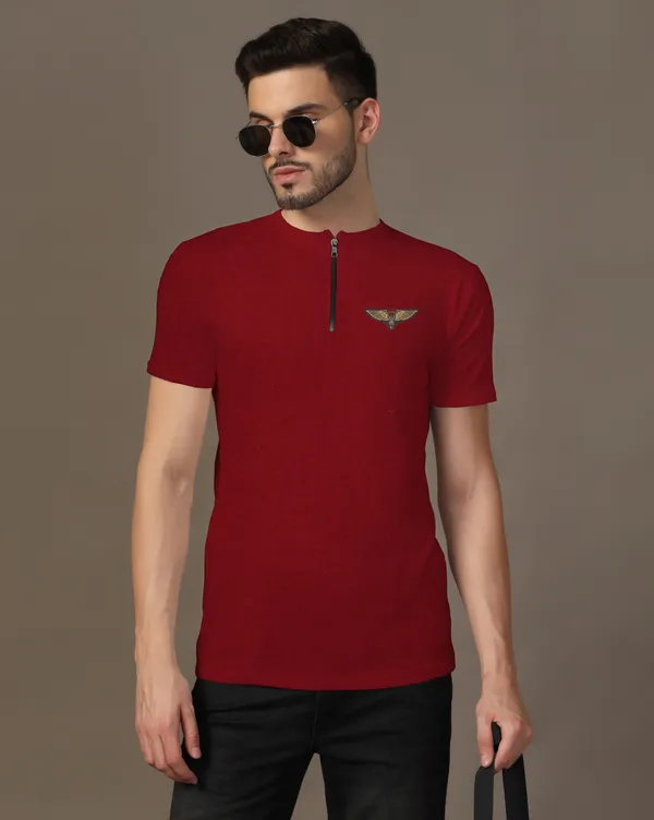 Maroon_Cotton_Blend_Mandarin_Collar_Half_Sleeve_T_Shirt_For_Men