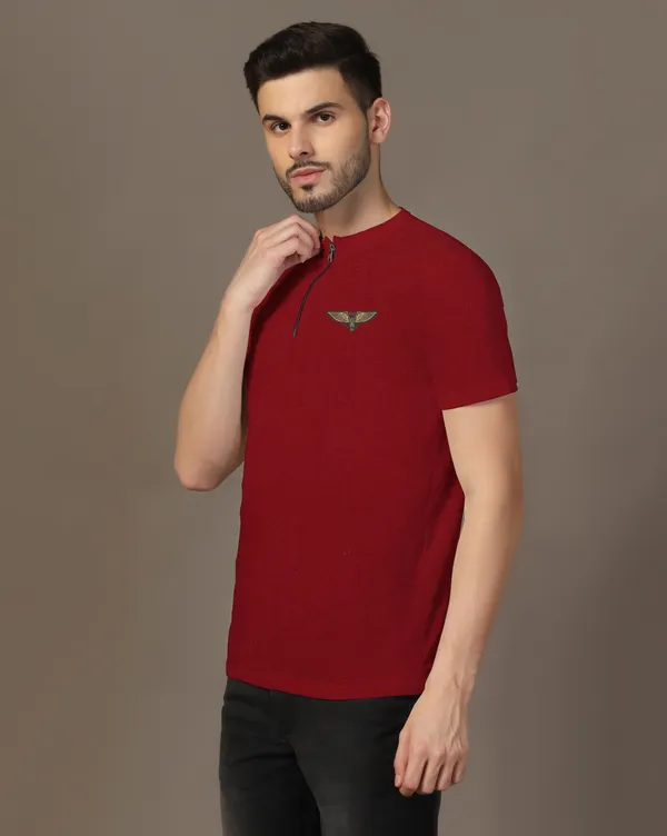 Maroon_Cotton_Blend_Mandarin_Collar_Half_Sleeve_T_Shirt_For_Men