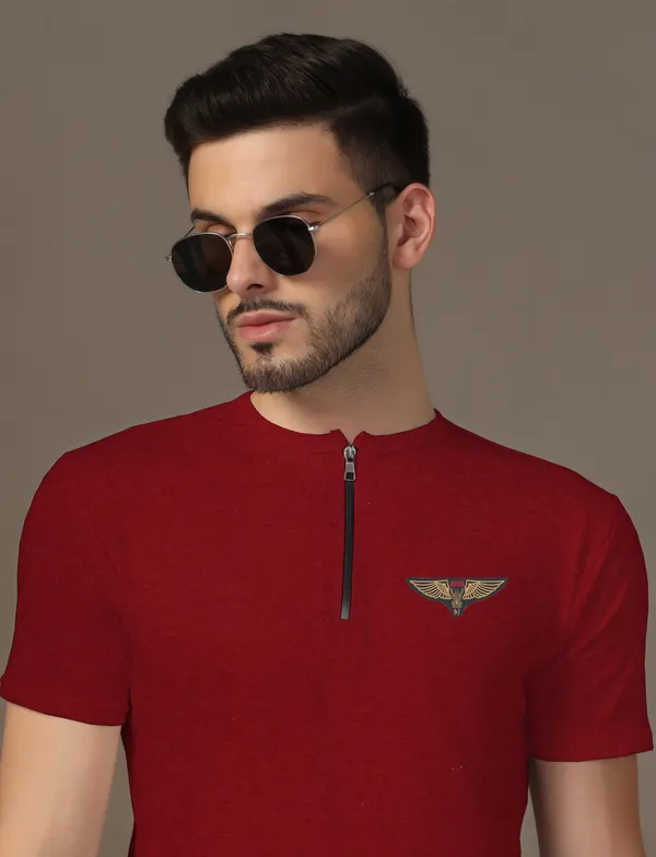 Maroon_Cotton_Blend_Mandarin_Collar_Half_Sleeve_T_Shirt_For_Men