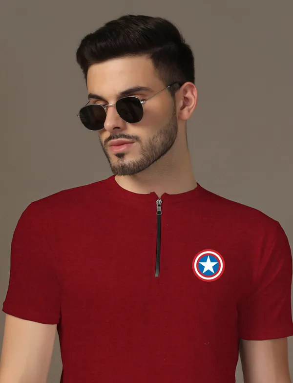 Maroon_Cotton_Blend_Mandarin_Collar_Half_Sleeve_T_Shirt_For_Men