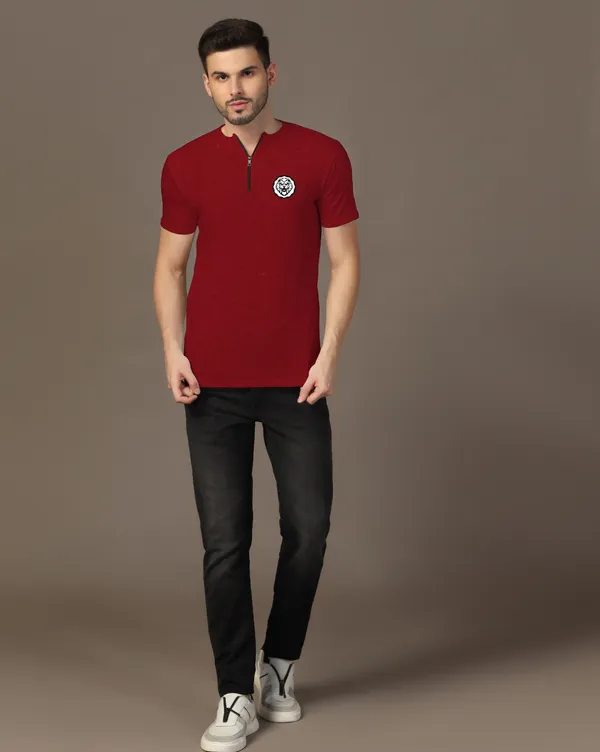 Maroon_Cotton_Blend_Mandarin_Collar_Half_Sleeve_T_Shirt_For_Men
