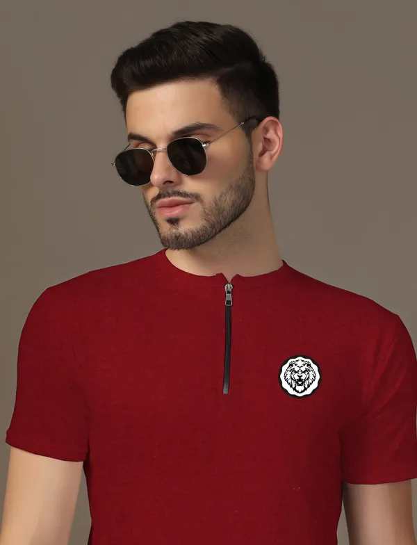 Maroon_Cotton_Blend_Mandarin_Collar_Half_Sleeve_T_Shirt_For_Men
