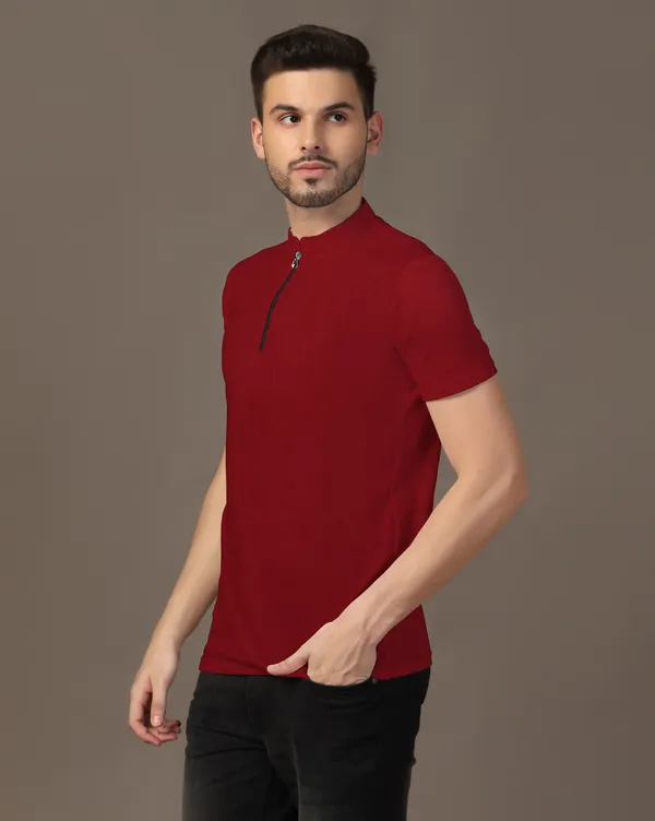 Maroon_Cotton_Blend_Mandarin_Collar_Half_Sleeve_T_Shirt_For_Men