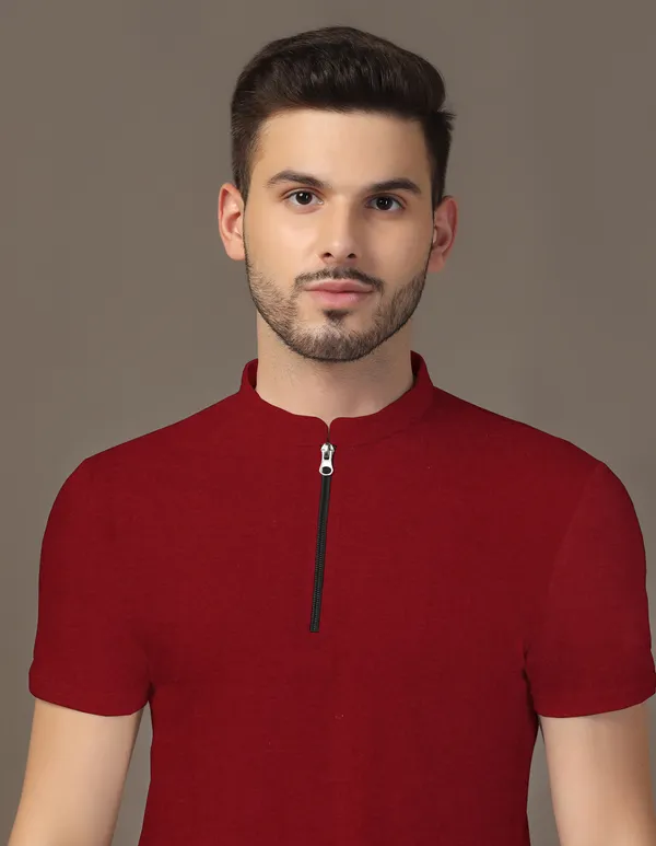 Maroon_Cotton_Blend_Mandarin_Collar_Half_Sleeve_T_Shirt_For_Men