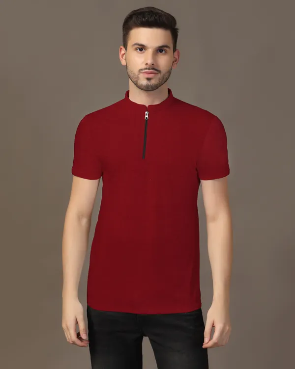 Maroon_Cotton_Blend_Mandarin_Collar_Half_Sleeve_T_Shirt_For_Men