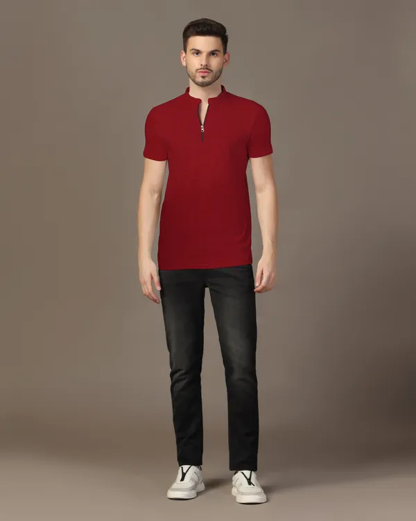 Maroon_Cotton_Blend_Mandarin_Collar_Half_Sleeve_T_Shirt_For_Men