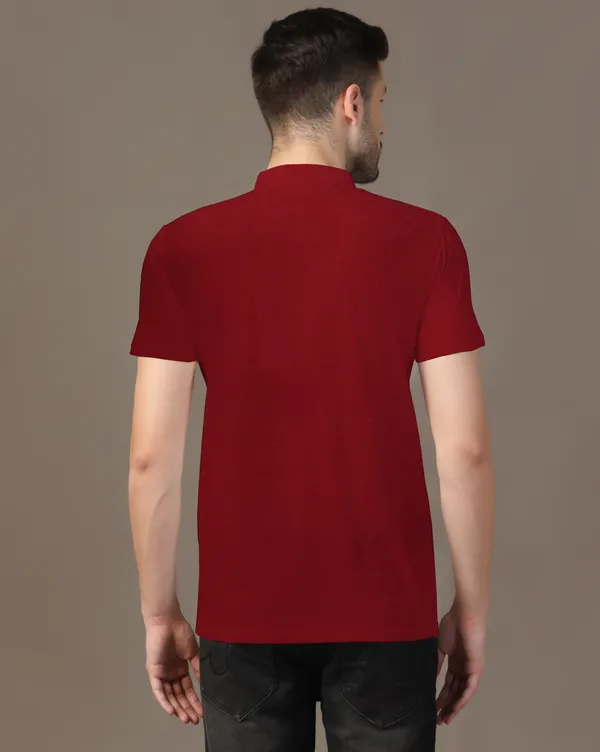 Maroon_Cotton_Blend_Mandarin_Collar_Half_Sleeve_T_Shirt_For_Men