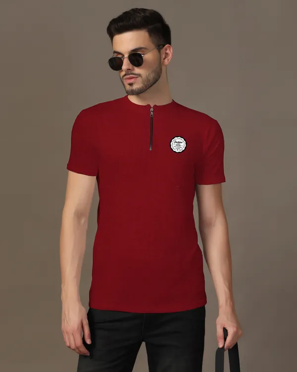 Maroon_Cotton_Blend_Mandarin_Collar_Half_Sleeve_T_Shirt_For_Men
