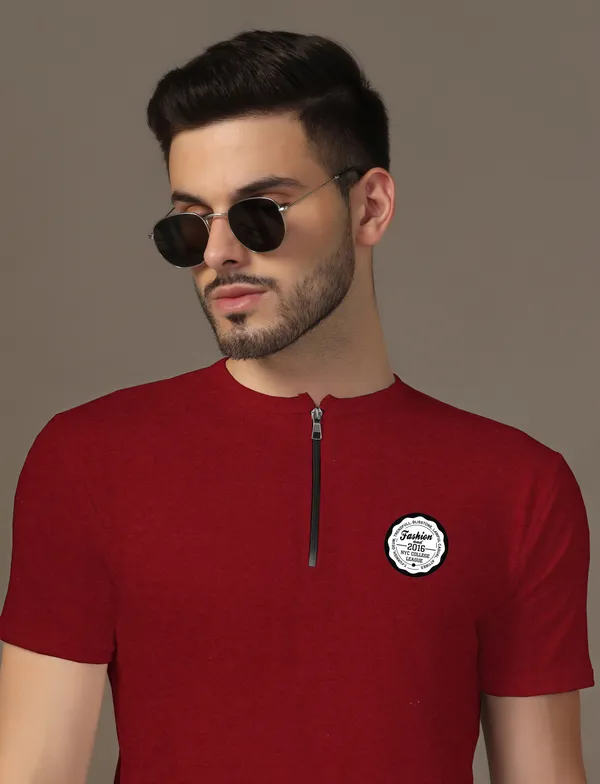 Maroon_Cotton_Blend_Mandarin_Collar_Half_Sleeve_T_Shirt_For_Men