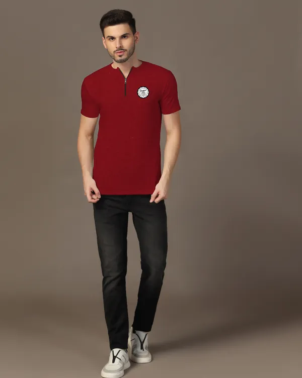 Maroon_Cotton_Blend_Mandarin_Collar_Half_Sleeve_T_Shirt_For_Men