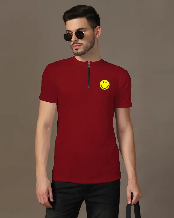 Maroon_Cotton_Blend_Mandarin_Collar_Half_Sleeve_T_Shirt_For_Men