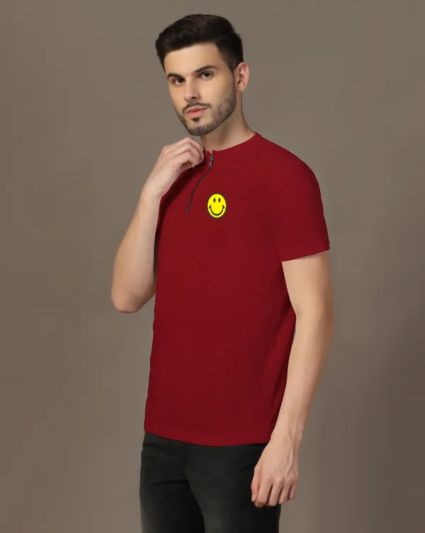 Maroon_Cotton_Blend_Mandarin_Collar_Half_Sleeve_T_Shirt_For_Men