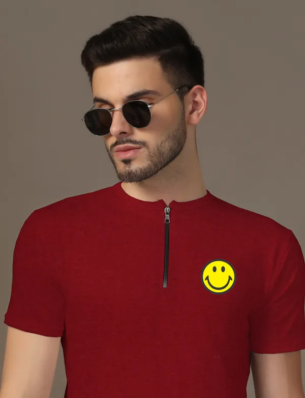 Maroon_Cotton_Blend_Mandarin_Collar_Half_Sleeve_T_Shirt_For_Men