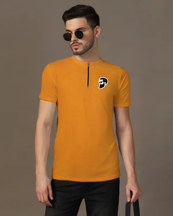 Mustard_Cotton_Blend_Mandarin_Collar_Half_Sleeve_T_Shirt_For_Men