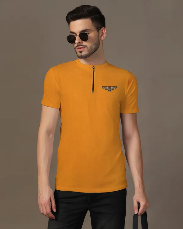 Mustard_Cotton_Blend_Mandarin_Collar_Half_Sleeve_T_Shirt_For_Men