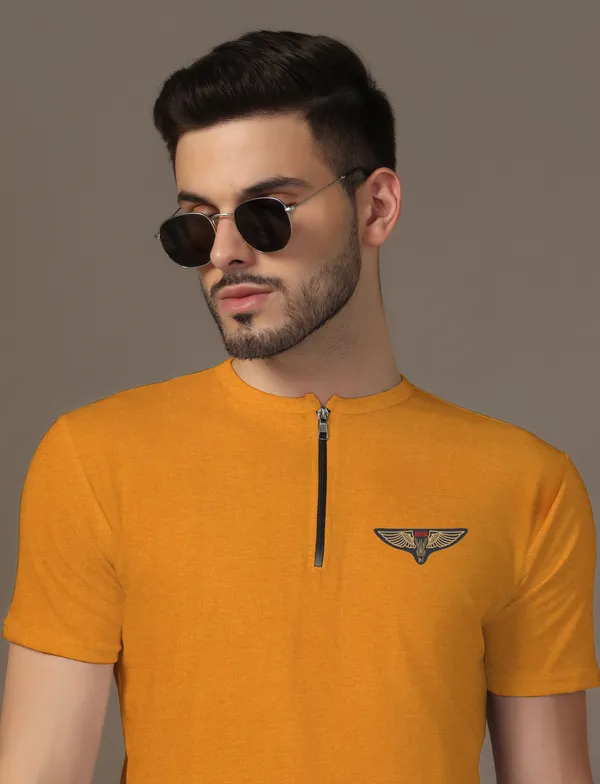 Mustard_Cotton_Blend_Mandarin_Collar_Half_Sleeve_T_Shirt_For_Men